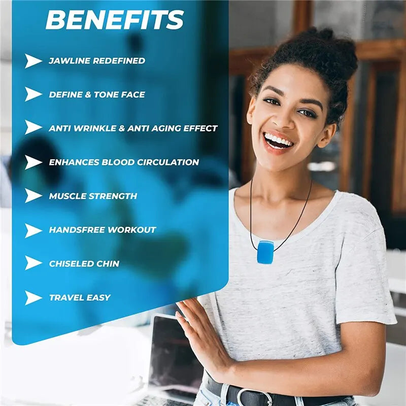 Woman with a blue device on her neck, surrounded by text listing benefits.
