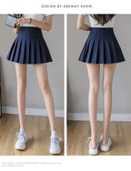 Liveify navy blue pleated mini skirt, high waist, cotton blend, casual style, front and back view