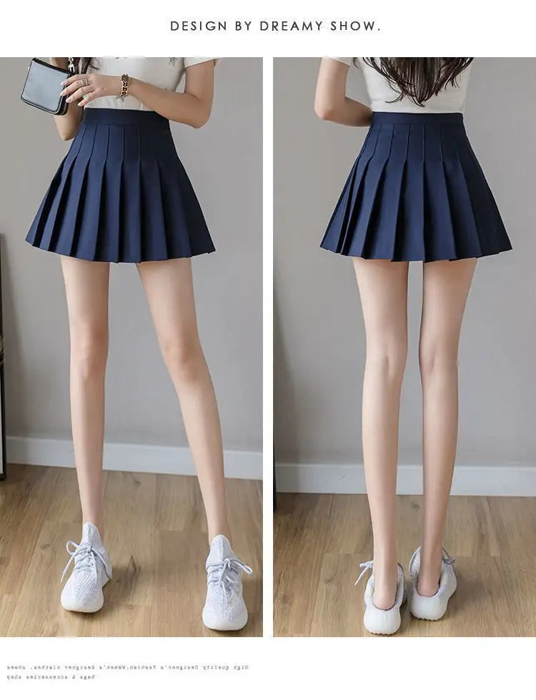 Liveify navy blue pleated mini skirt, high waist, cotton blend, casual style, front and back view