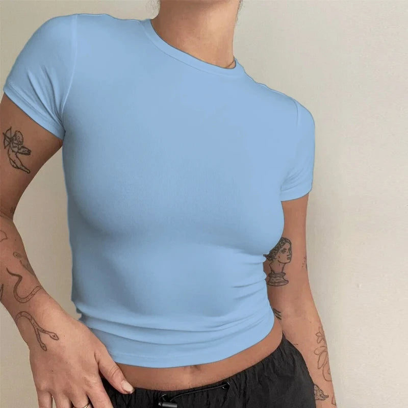 Liveify Women's Slim Fit Knit T-Shirt – Short Sleeve O-Neck Stretch Tee, Casual Y2K Streetwear Top for Everyday Wear