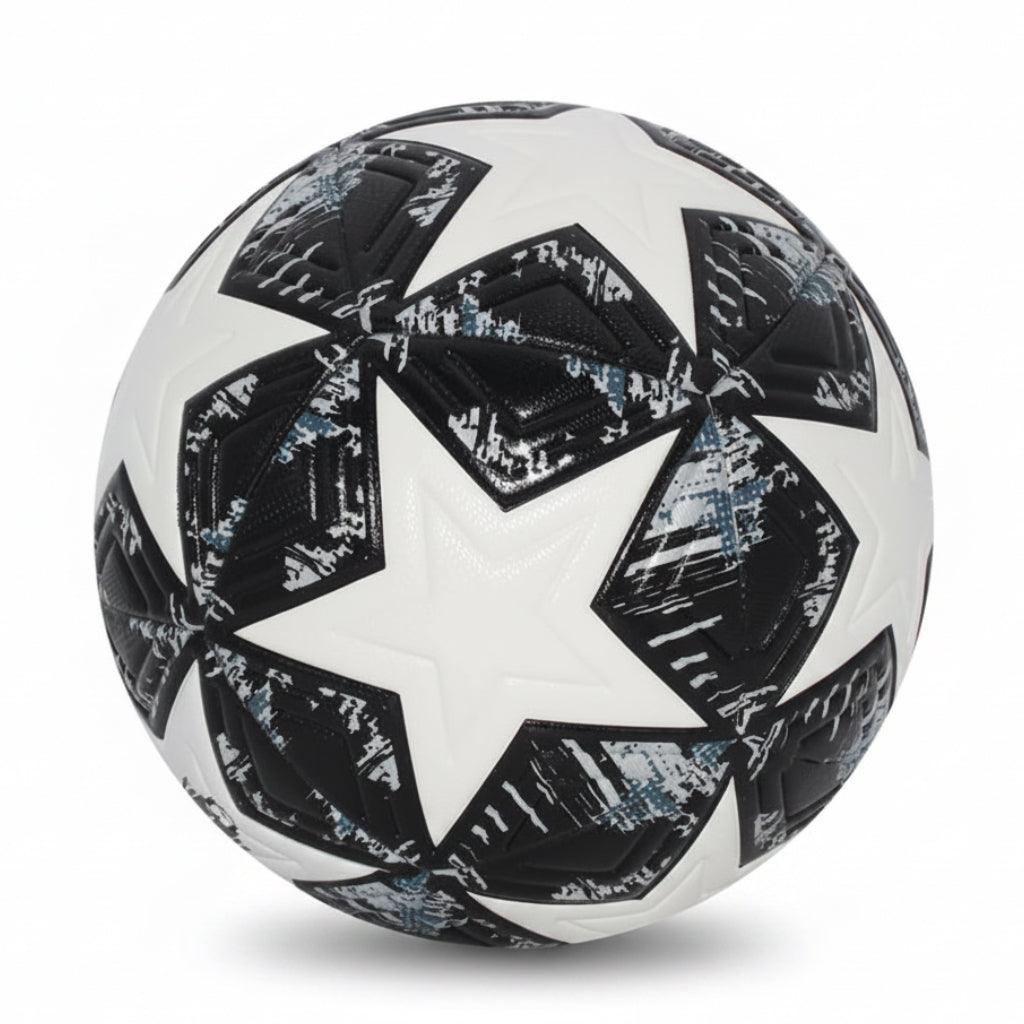 Black and white soccer ball with star pattern on a white background, size 5 indicated.