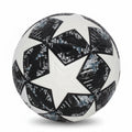 Black and white soccer ball with star pattern on a white background, size 5 indicated.