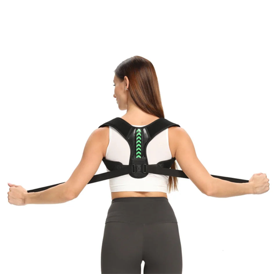 Liveify black posture corrector with green arrows, adjustable straps, worn by woman for back support