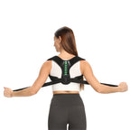 Liveify black posture corrector with green arrows, adjustable straps, worn by woman for back support