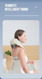 Liveify beige neck and shoulder massager with 10-minute auto shut-off, worn by woman for relaxation