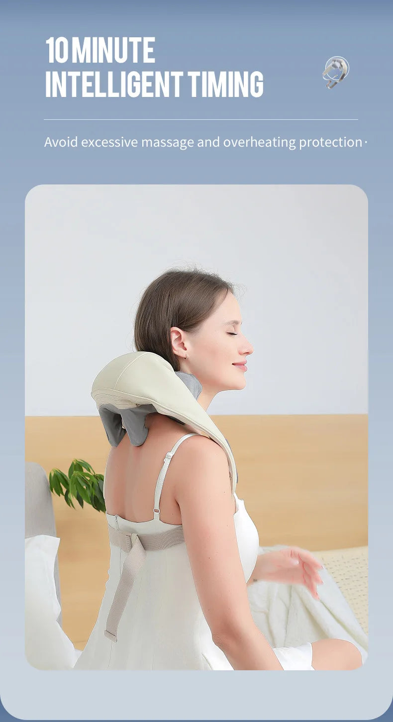 Liveify beige neck and shoulder massager with 10-minute auto shut-off, worn by woman for relaxation