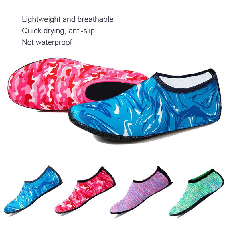 Liveify lightweight breathable water shoes in blue, pink, purple, and green patterns, quick-dry anti-slip design