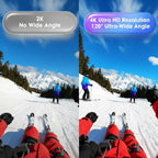 Comparison of 2K and 4K ultra HD resolution skiing footage with wide-angle view.