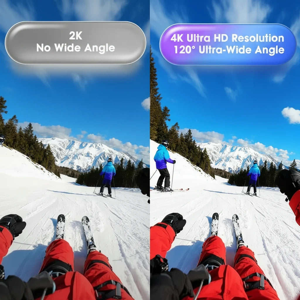 Comparison of 2K and 4K ultra HD resolution skiing footage with wide-angle view.