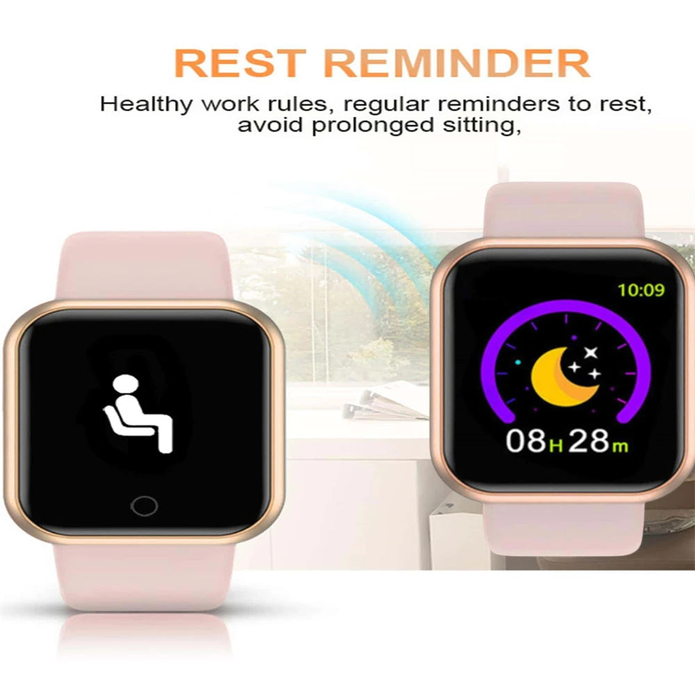 Liveify smartwatch with rest reminder feature, pink strap, square display, sleep tracking and activity monitor