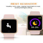 Liveify smartwatch with rest reminder feature, pink strap, square display, sleep tracking and activity monitor
