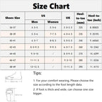 Liveify shoe size chart with US, UK, and heel-to-toe measurements for men and women, plus fit tips for wide feet