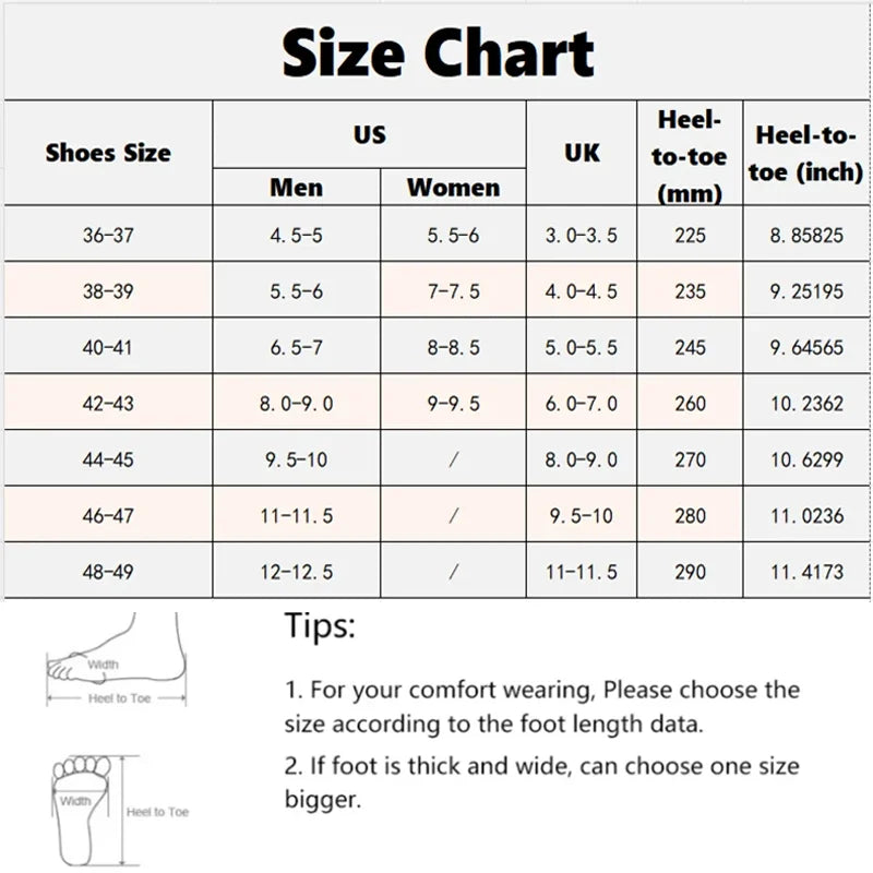 Liveify shoe size chart with US, UK, and heel-to-toe measurements for men and women, plus fit tips for wide feet