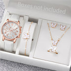 Liveify rose gold watch with white strap and butterfly jewelry set including necklace, bracelet, earrings, and ring