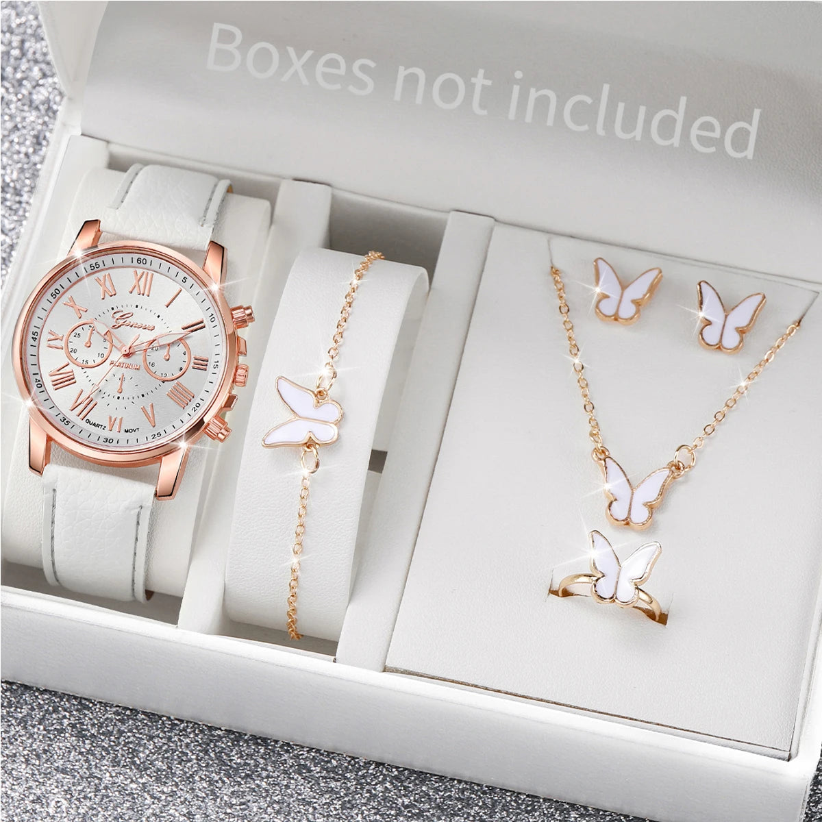 Liveify rose gold watch with white strap and butterfly jewelry set including necklace, bracelet, earrings, and ring
