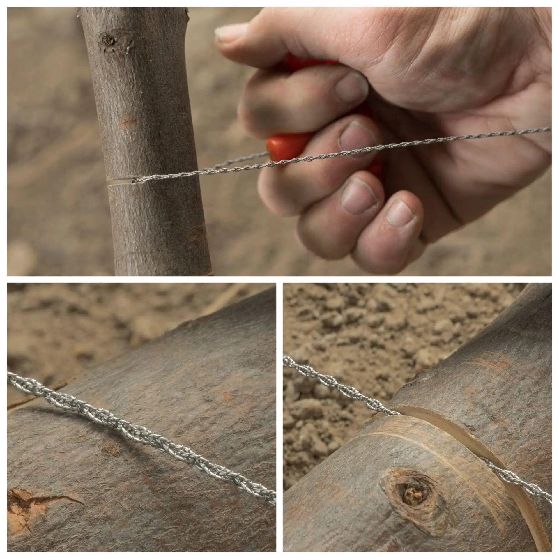 Liveify hand using red-handled wire saw to cut tree branch, silver braided metal cord, outdoor gardening tool