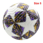 Liveify Size 5 soccer ball with purple, gold, and black star pattern on white panels, synthetic material