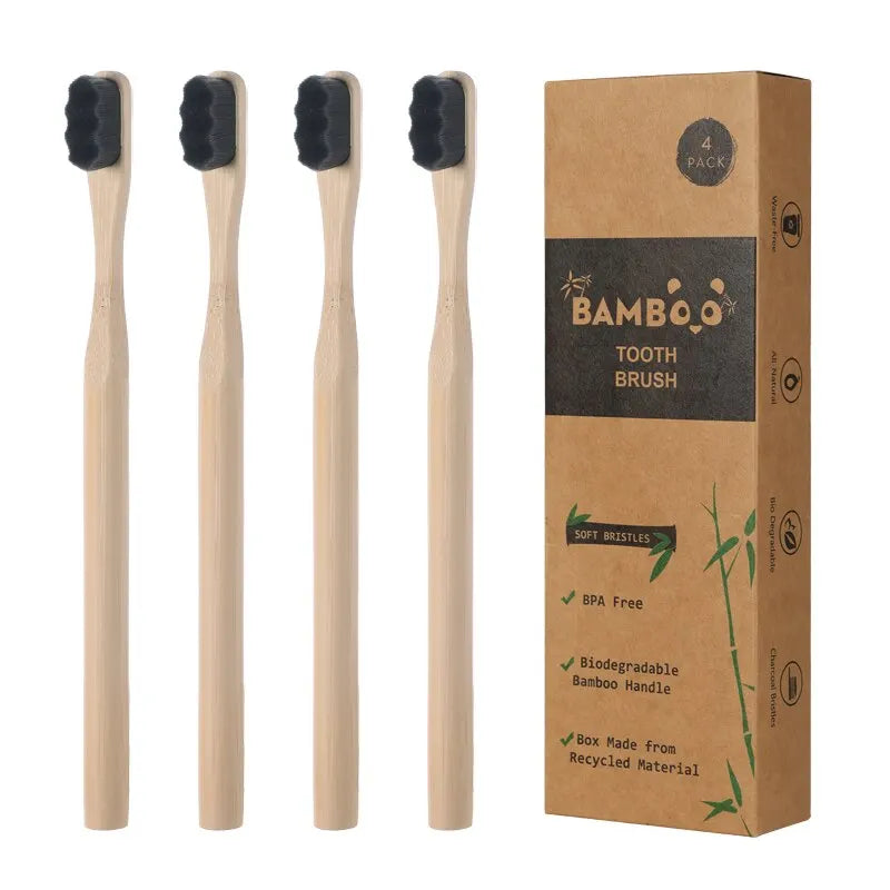 Liveify bamboo toothbrush 4 pack with soft black bristles, natural wood handle, eco-friendly recycled box