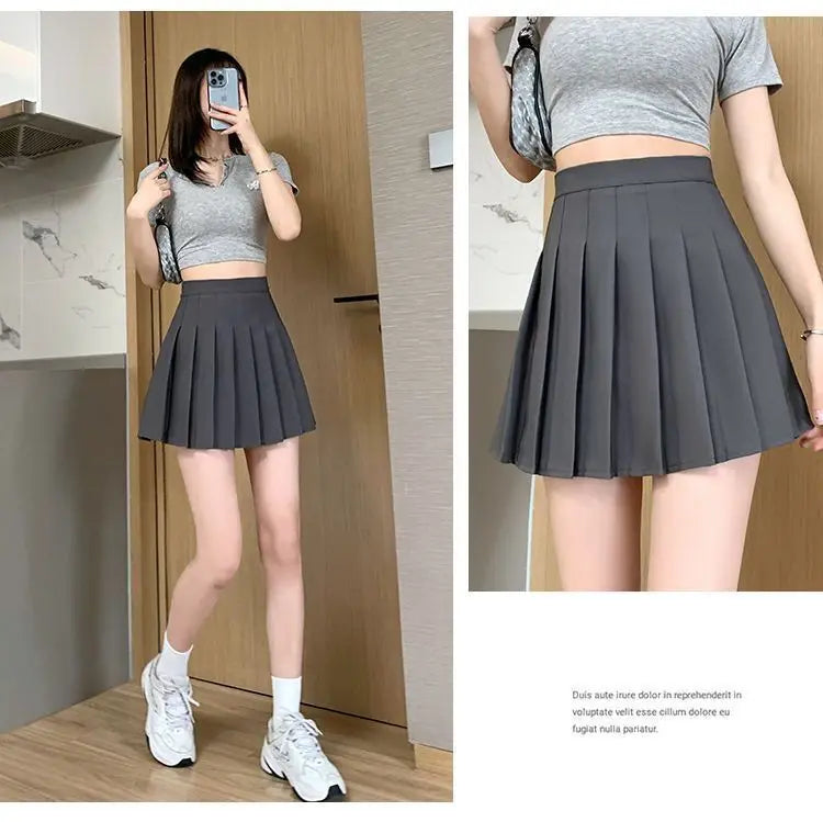 Liveify gray pleated tennis skirt, high waist, lightweight fabric, paired with crop top and sneakers for casual sporty look