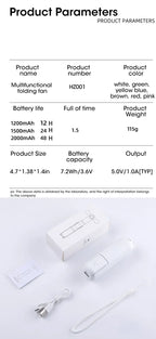 Liveify multifunctional folding fan in white, portable USB rechargeable with 1200mAh battery, compact design for travel