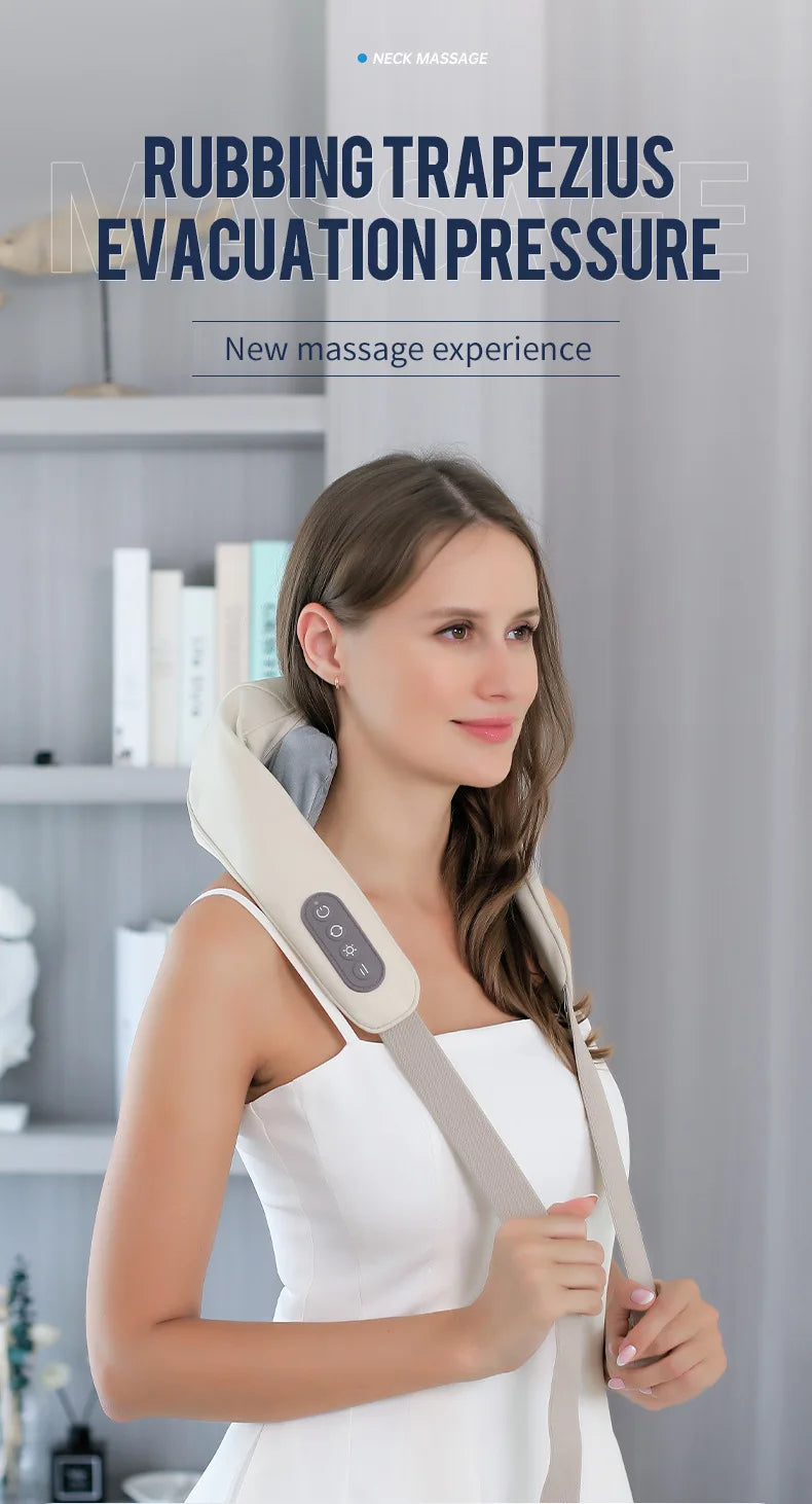 Liveify beige neck and shoulder massager with rubbing trapezius pressure, worn by woman in white dress
