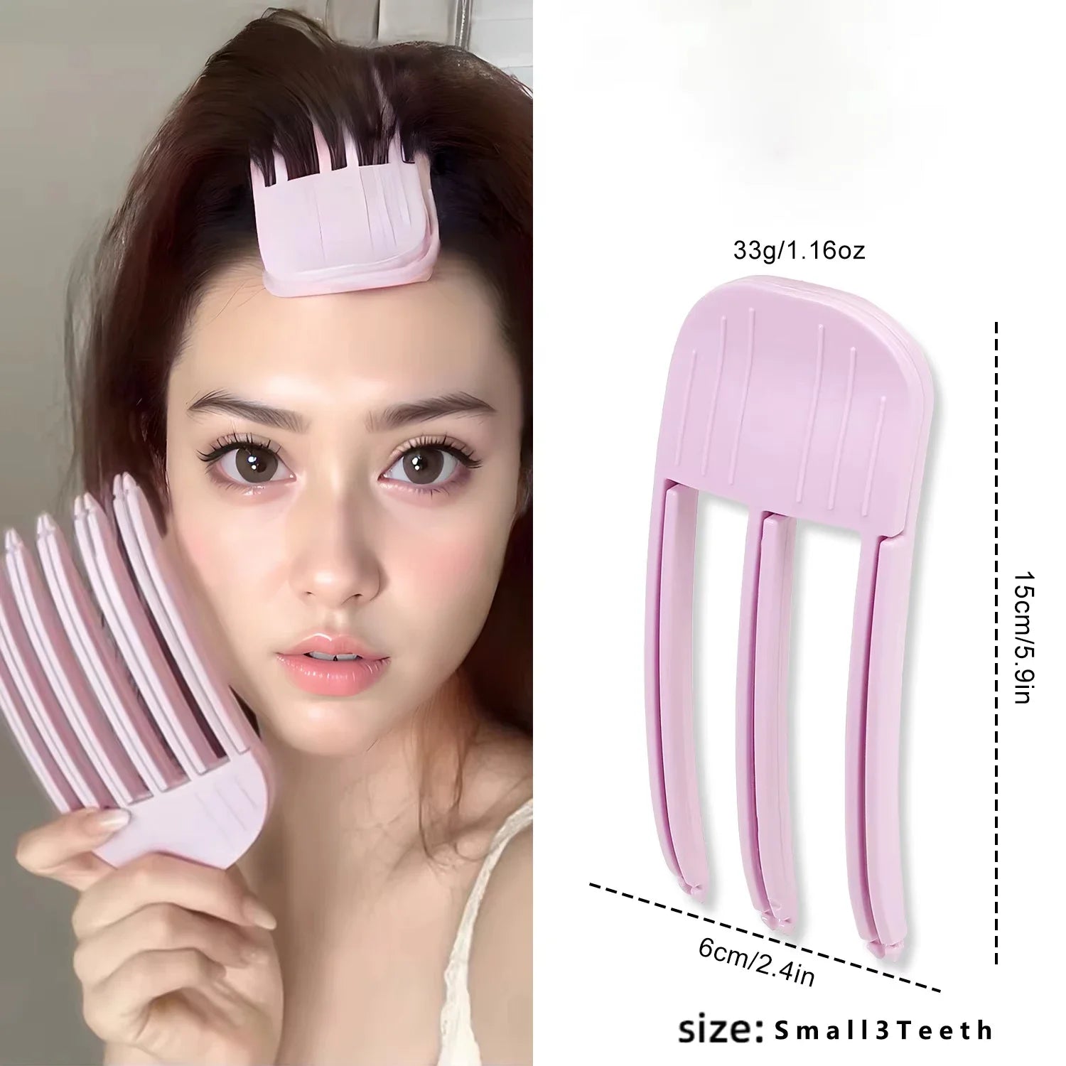Liveify pink plastic 3-tooth hair clip for styling, small size, lightweight 33g, 15cm length, shown in use and product view