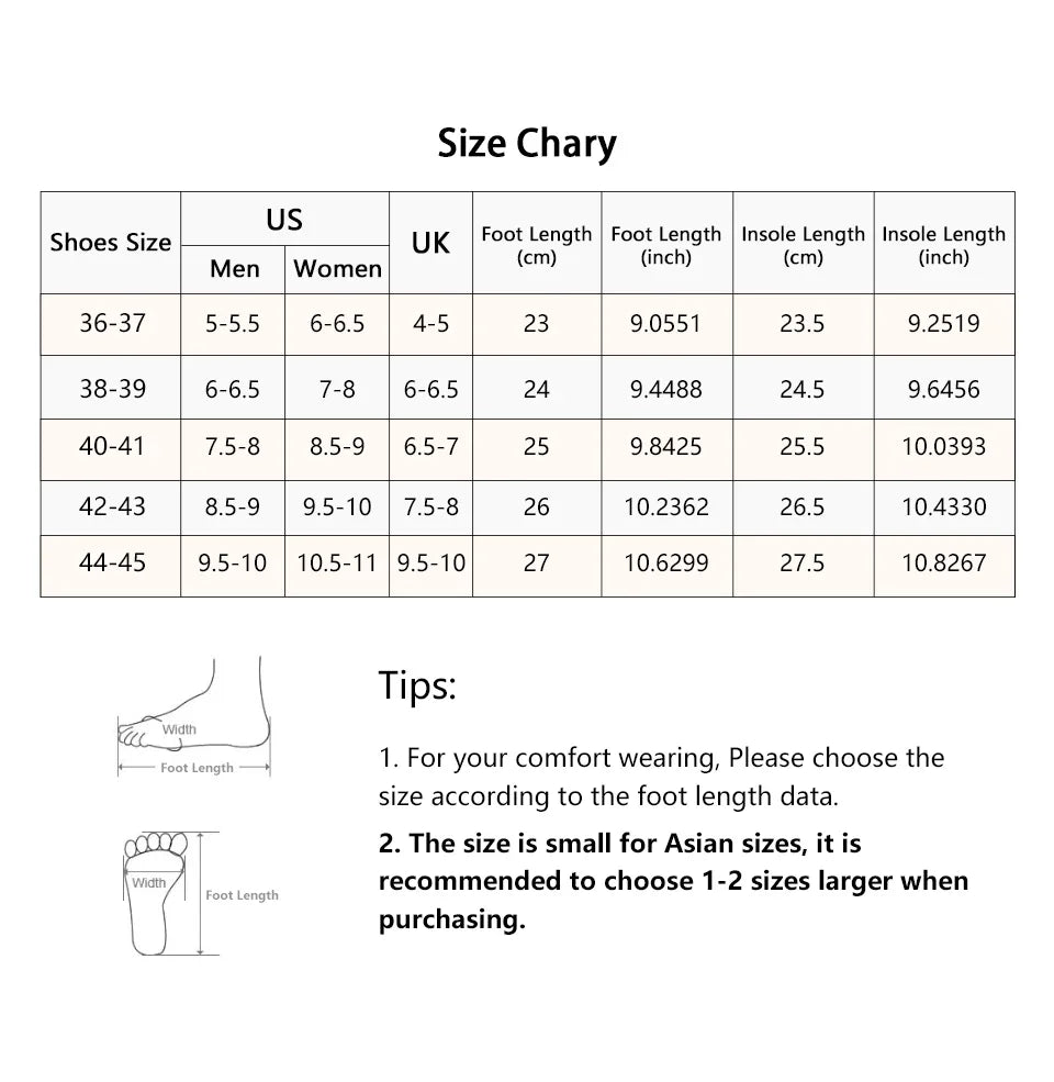 Liveify shoe size chart with US UK measurements, foot length in cm and inch, insole dimensions, and sizing tips for comfort