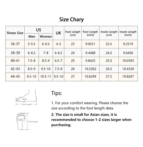 Liveify shoe size chart with US UK measurements, foot length in cm and inch, insole dimensions, and sizing tips for comfort