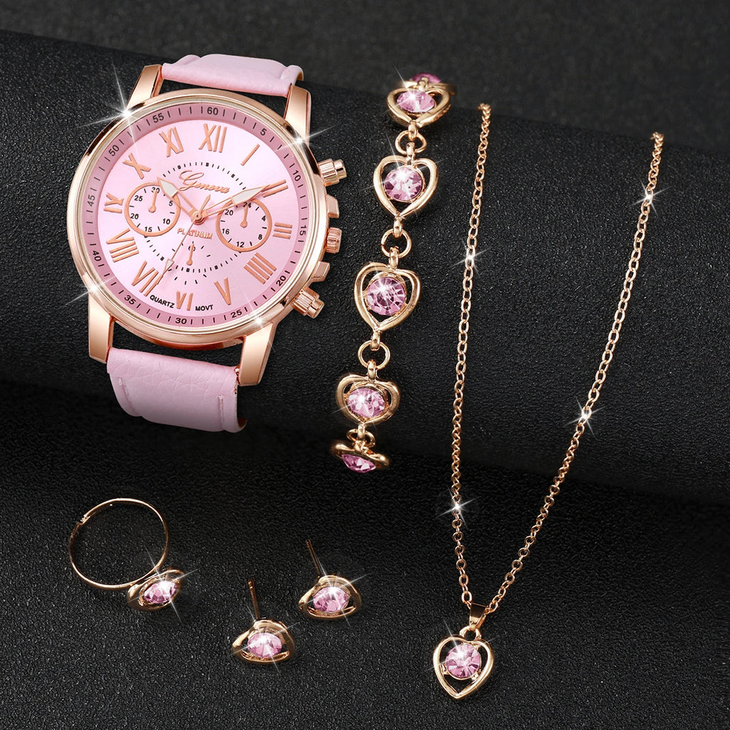 Liveify pink leather watch with rose gold case, matching heart crystal necklace, bracelet, earrings, and ring set