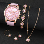 Liveify pink leather watch with rose gold case, matching heart crystal necklace, bracelet, earrings, and ring set