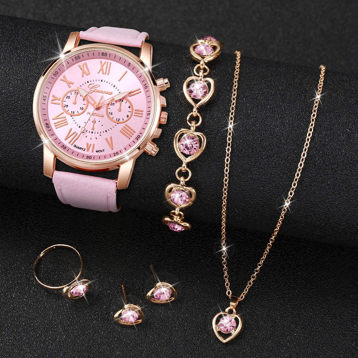 Liveify pink leather watch with rose gold case, matching heart crystal necklace, bracelet, earrings, and ring set