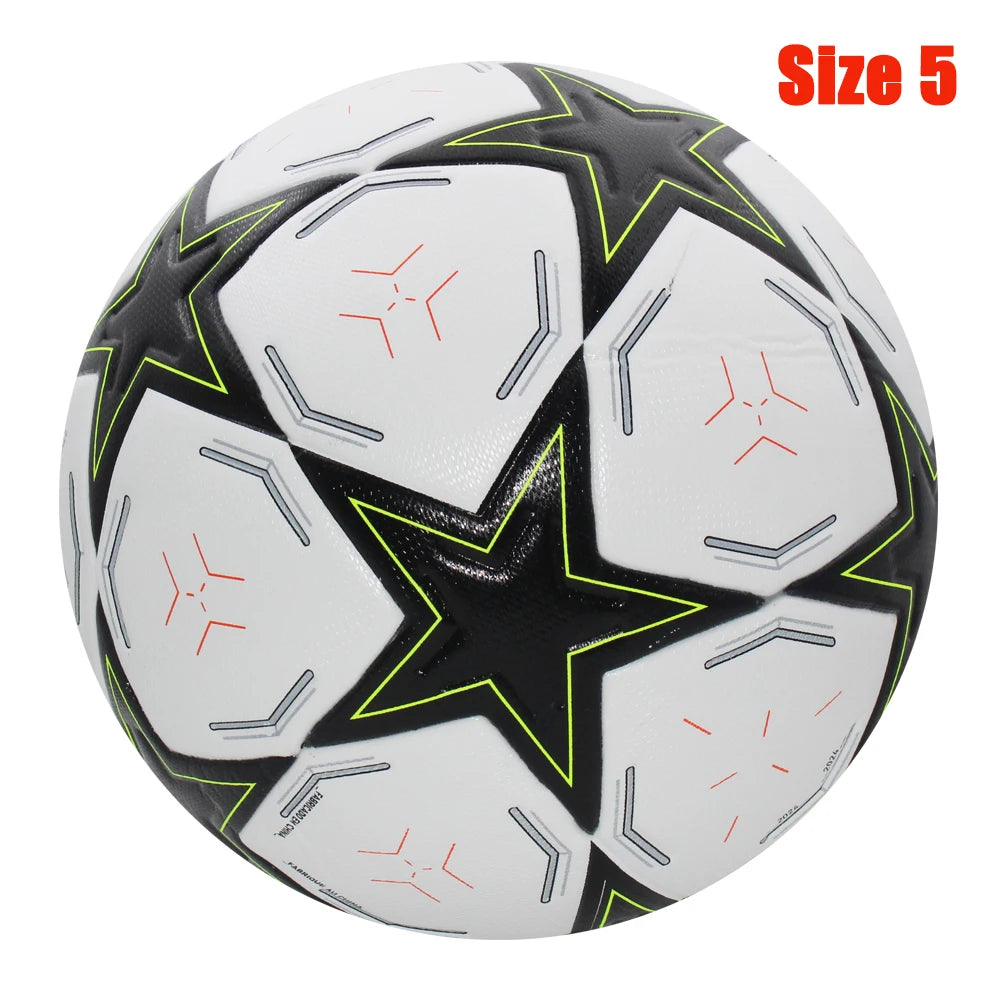 Liveify Size 5 soccer ball with black stars, neon green trim, white panels, and red accents for outdoor play