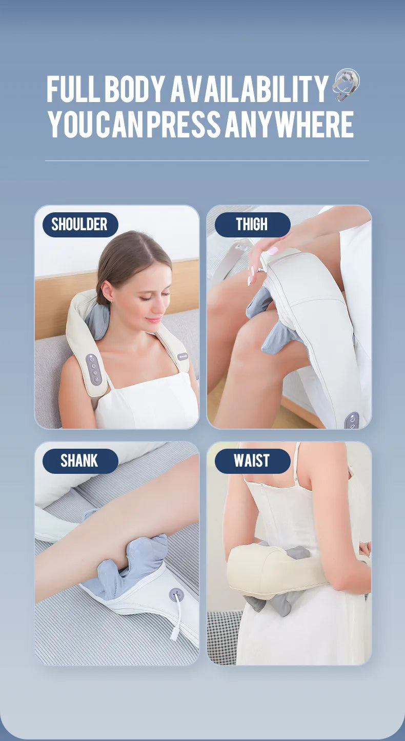 Liveify portable massager for shoulder, thigh, shank, waist; beige and gray fabric with control panel
