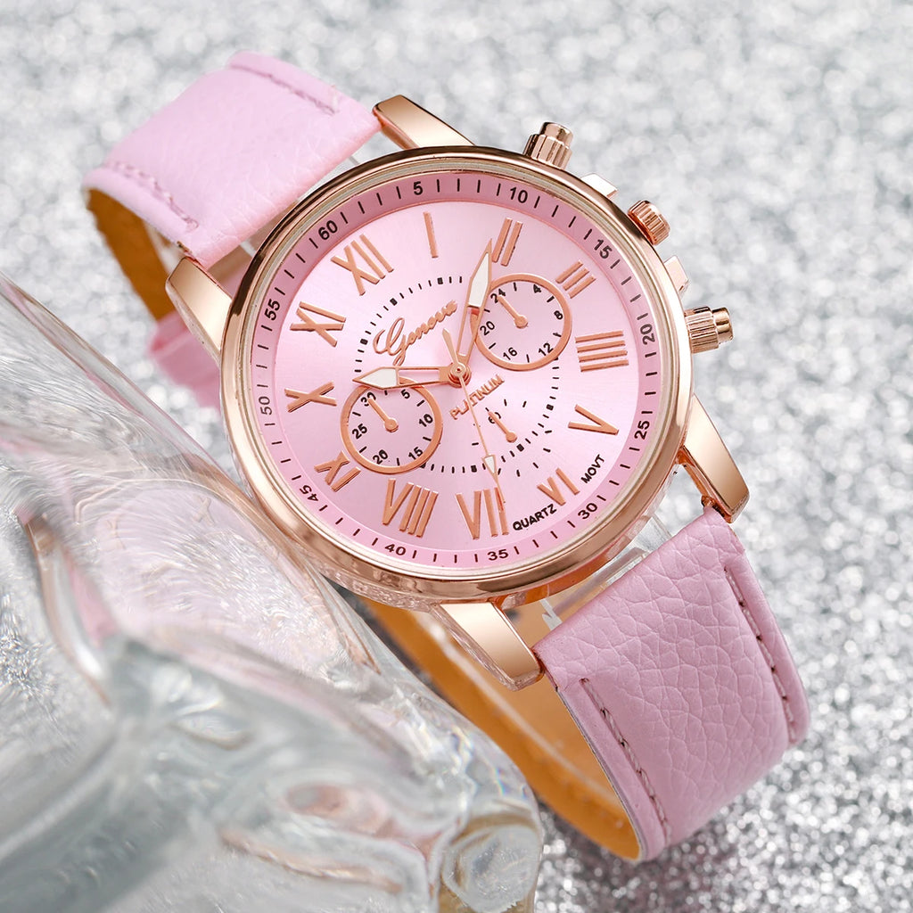 Liveify pink leather strap watch with rose gold case, Roman numerals, and chronograph dials on glitter background