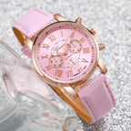 Liveify pink leather strap watch with rose gold case, Roman numerals, and chronograph dials on glitter background