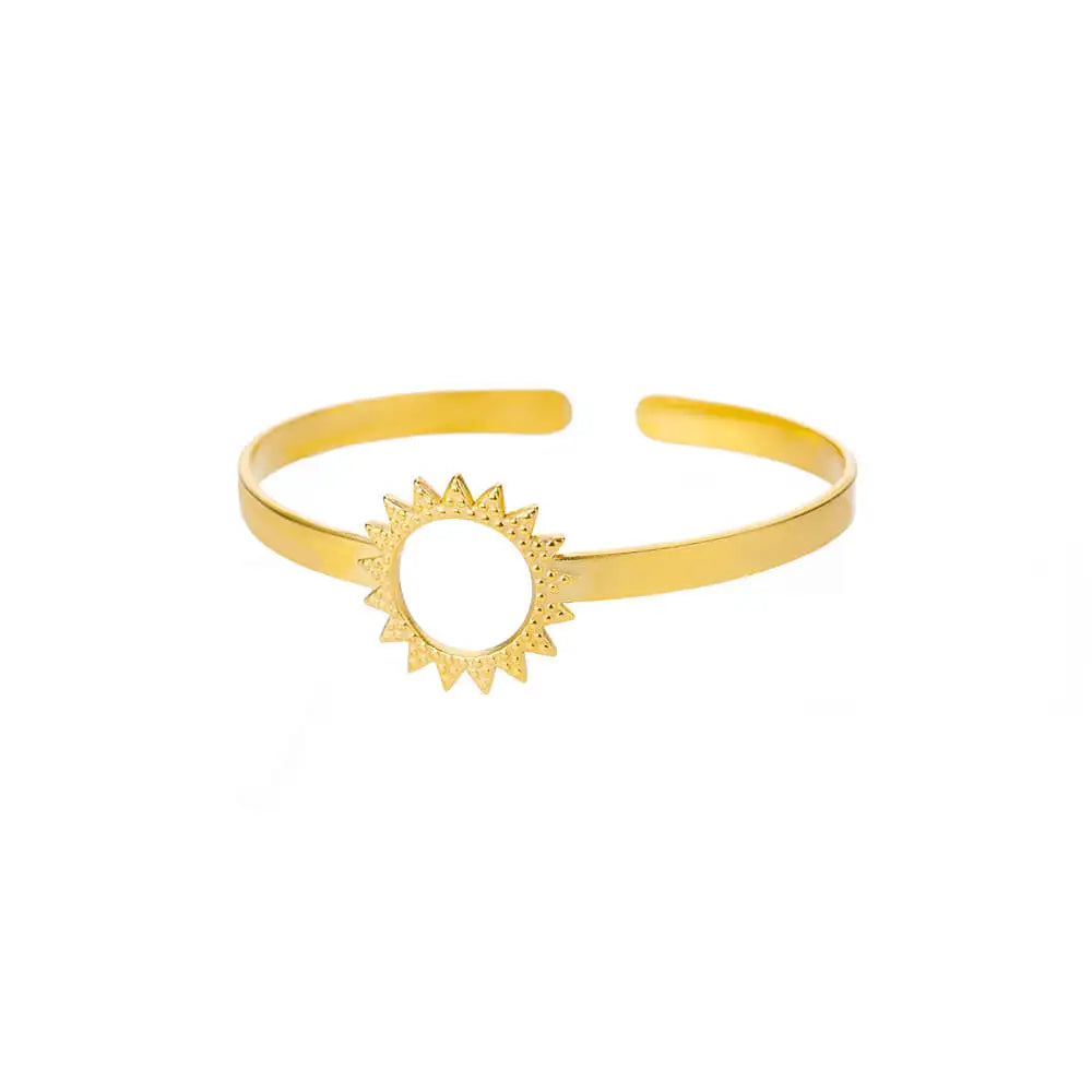 Liveify gold sunburst cuff bracelet with open center design, minimalist style, metallic finish