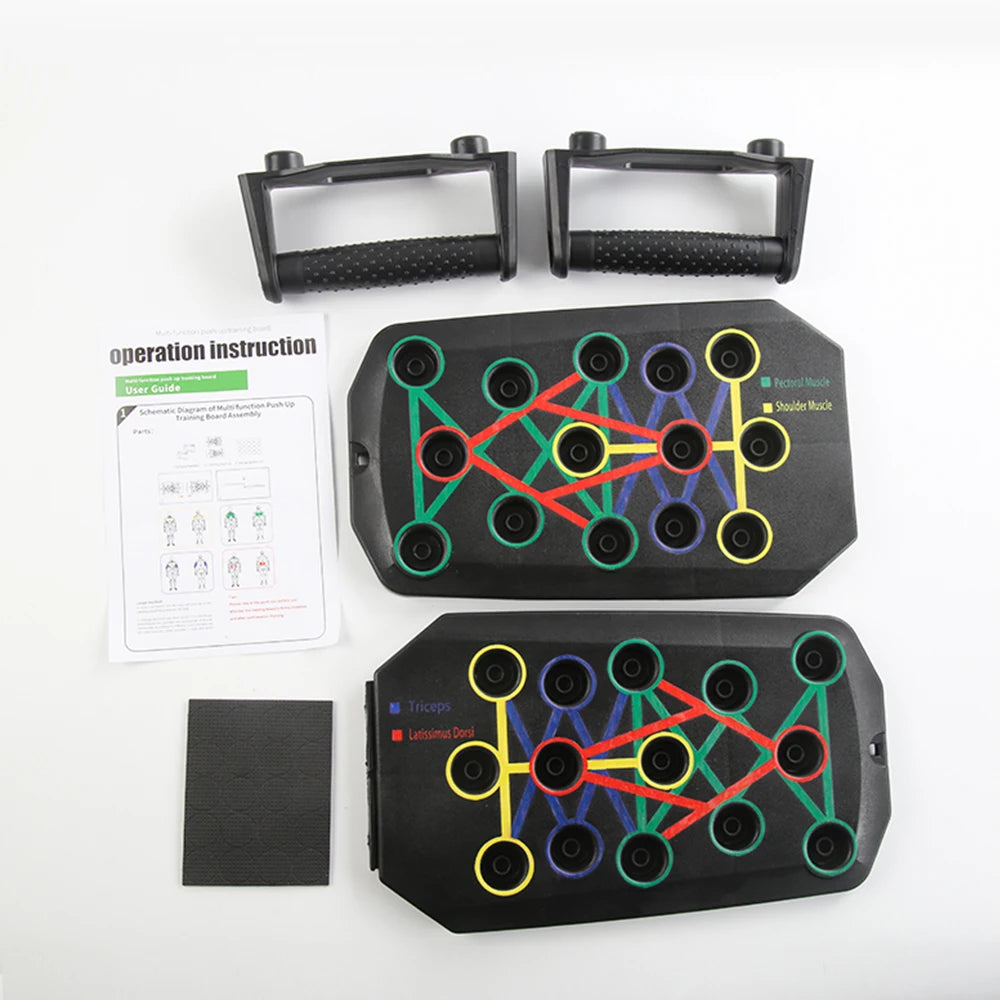 Liveify black push-up board with color-coded muscle targeting, grip handles, and instruction guide for home fitness training