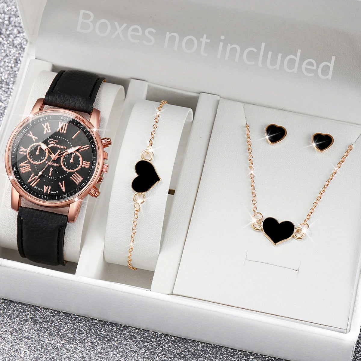Liveify rose gold watch with black strap, heart necklace, bracelet, and earrings set in gift box