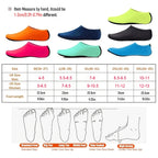 Liveify water shoes in neon green, orange, navy, black, pink, mint, and blue; lightweight, slip-on style with size chart for men and women