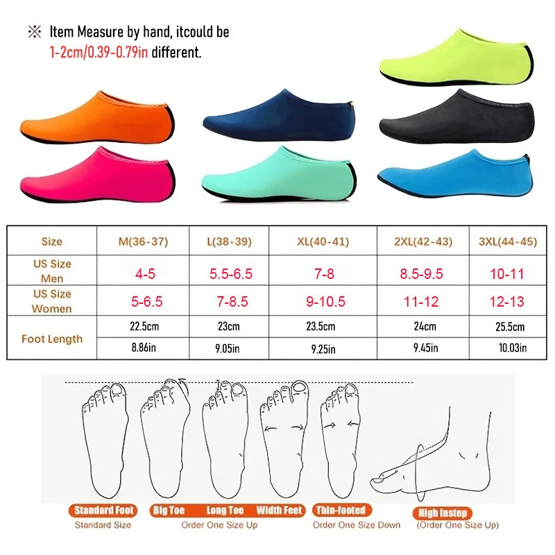 Liveify water shoes in neon green, orange, navy, black, pink, mint, and blue; lightweight, slip-on style with size chart for men and women