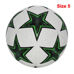 Liveify Size 5 soccer ball with white panels, black stars, and neon green outlines, ideal for training or matches.