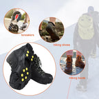 Liveify black rubber shoe grips with yellow spikes for sneakers, hiking shoes, and boots on snowy terrain