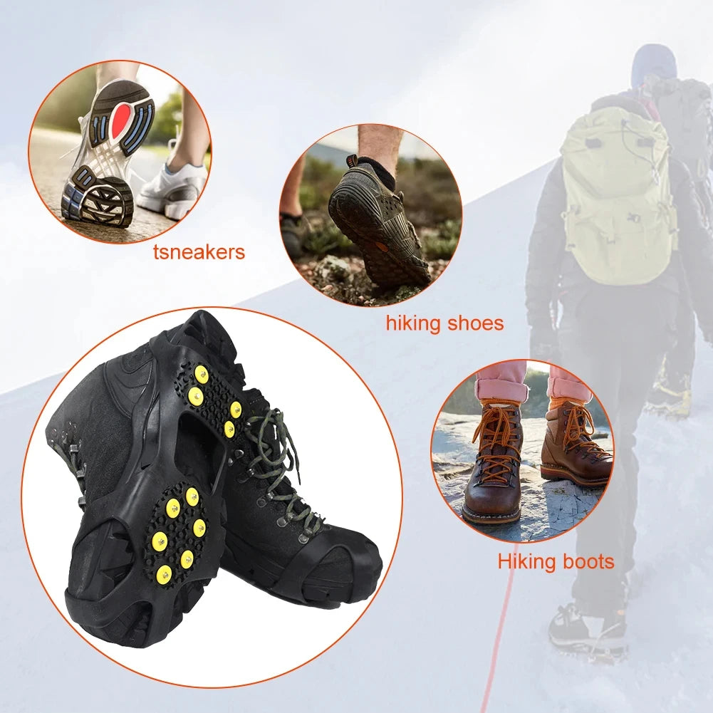 Liveify black rubber shoe grips with yellow spikes for sneakers, hiking shoes, and boots on snowy terrain