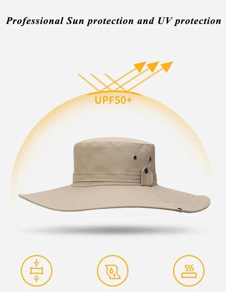 Liveify beige wide-brim sun hat with UPF50+ UV protection, breathable fabric, adjustable strap for outdoor use
