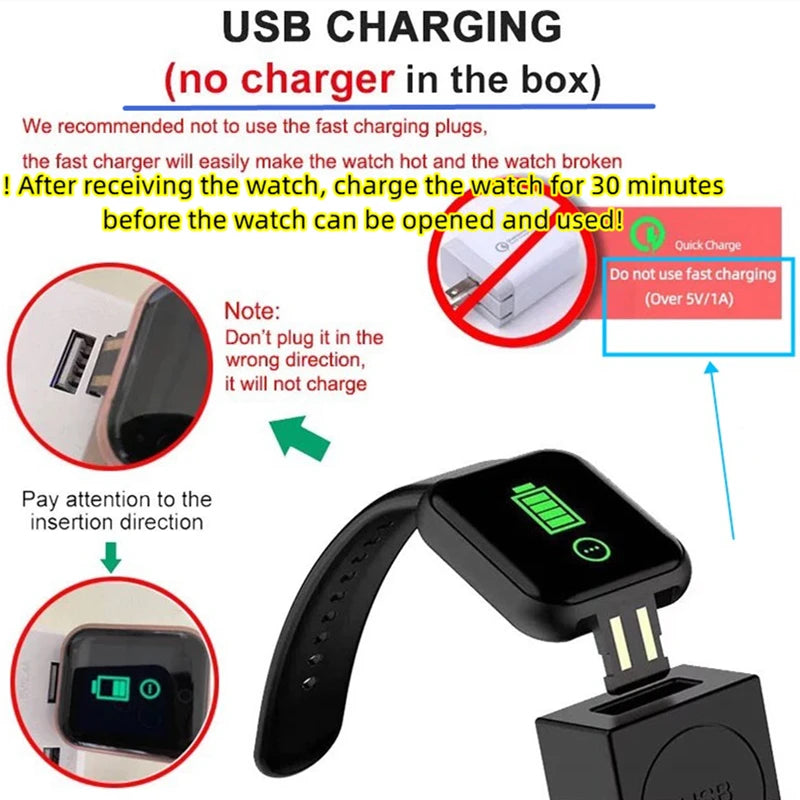Liveify black USB charging smartwatch with green battery icon, showing correct insertion direction and fast charging warning.