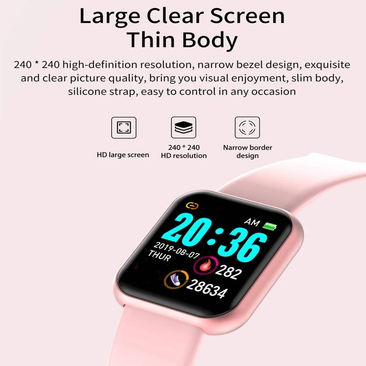 Liveify pink smartwatch with large HD screen, slim body, and silicone strap for fitness tracking