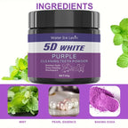 Liveify 5D White Purple Cleaning Teeth Powder in black jar with mint, pearl essence, and baking soda ingredients