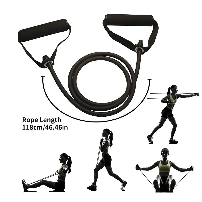 Liveify black resistance band with handles, 118cm rope length, shown in workout poses for fitness training