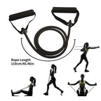 Liveify black resistance band with handles, 118cm rope length, shown in workout poses for fitness training
