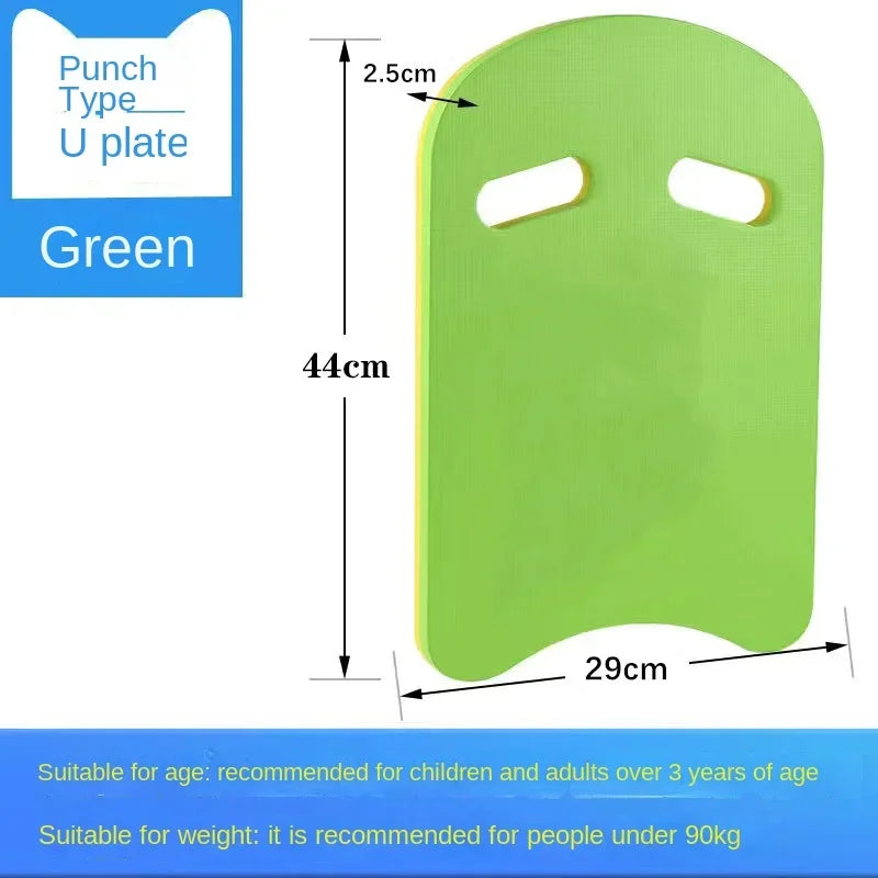 Liveify green punch type U plate swim kickboard with 44cm length, 29cm width, 2.5cm thickness, for kids and adults over 3 years